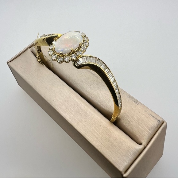 14k Yellow Gold Opal & Diamond Bangle Bracelet - Picture 4 of 12
